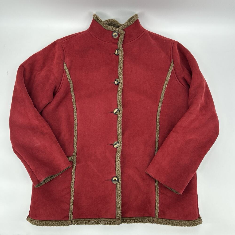 LL Bean Jacket Womens Medium Petite Red Faux Suede Sherpa Lined Shearling Coat